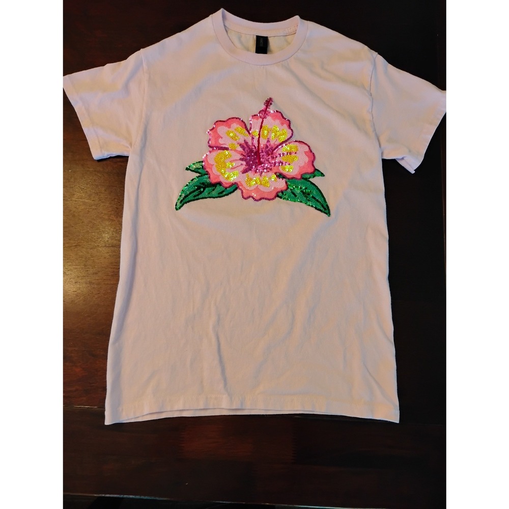 Gildan Heavy Cotton Pink Hibiscus‎ Sequin Flower Graphic T-Shirt Small
